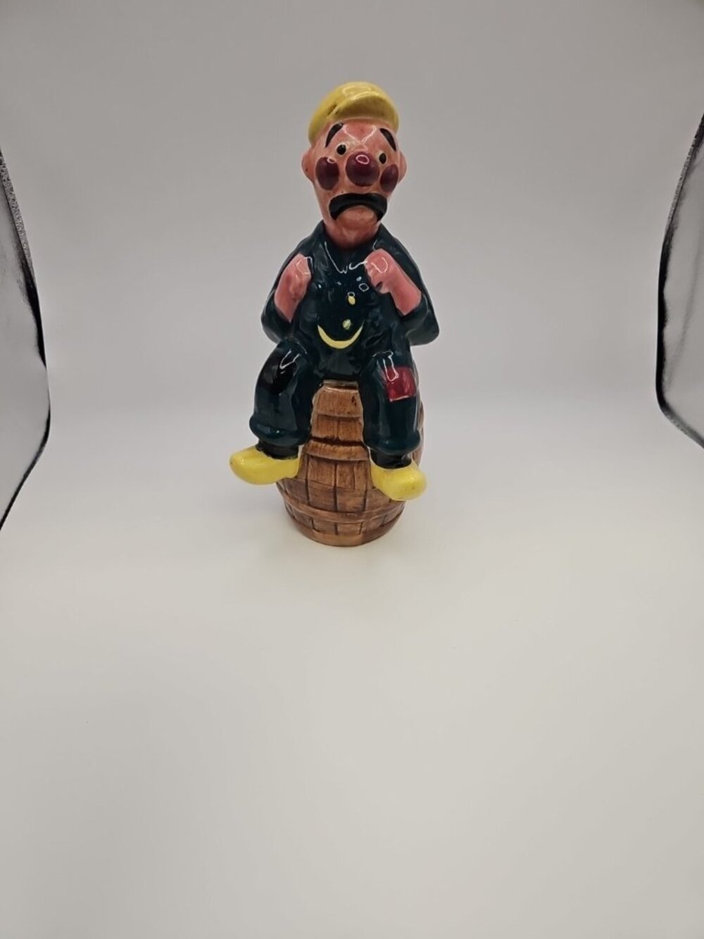 Ceramic  decanter /Empty /clown Sad Hobo/some Crazing, On Hat Stopper/vtg